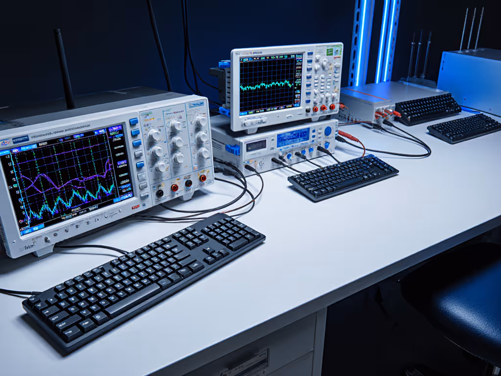 wireless keyboard stress testing setup with oscilloscope and RF interference equipment